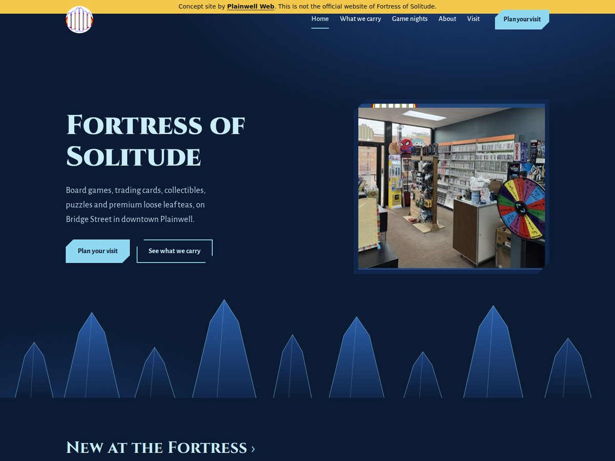 Home page of the concept site for Fortress of Solitude in Plainwell