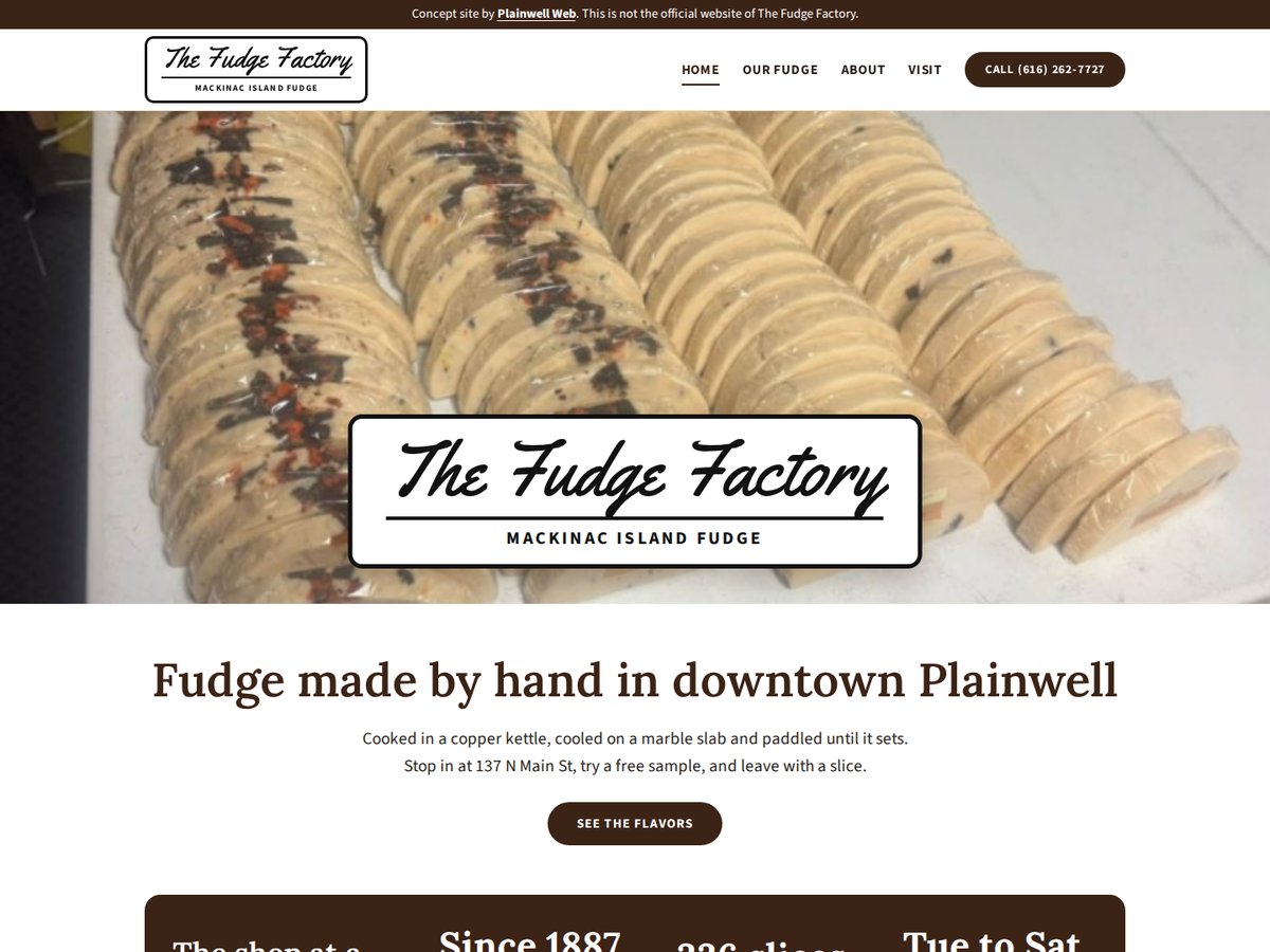 Home page of the concept site for The Fudge Factory in Plainwell