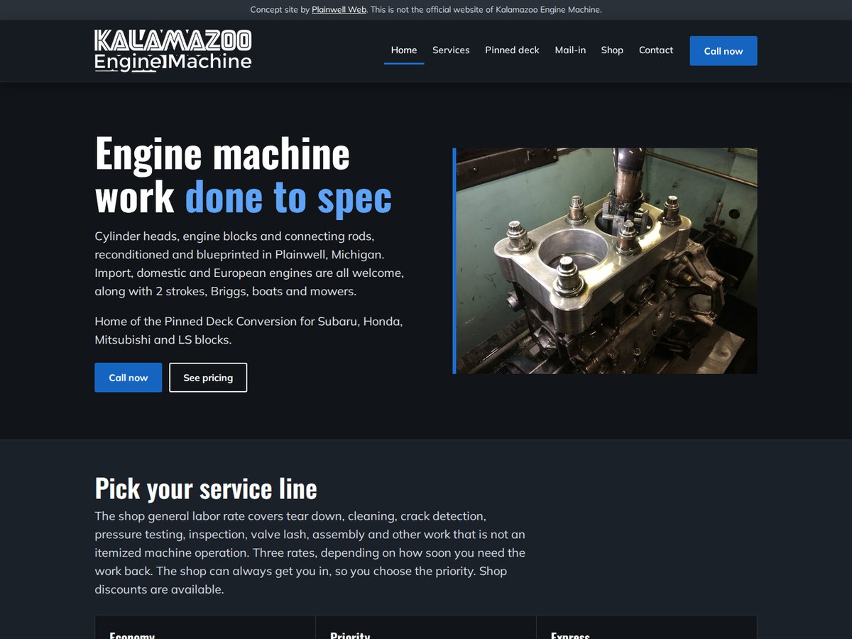 Home page of the concept site for Kalamazoo Engine Machine in Plainwell