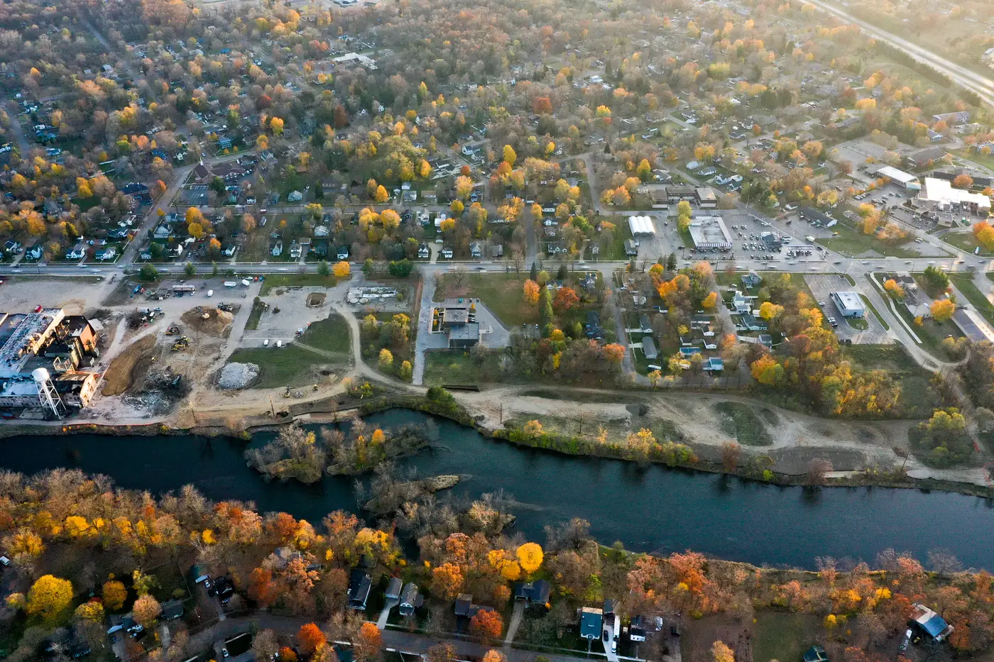 Aerial view of Plainwell in the fall