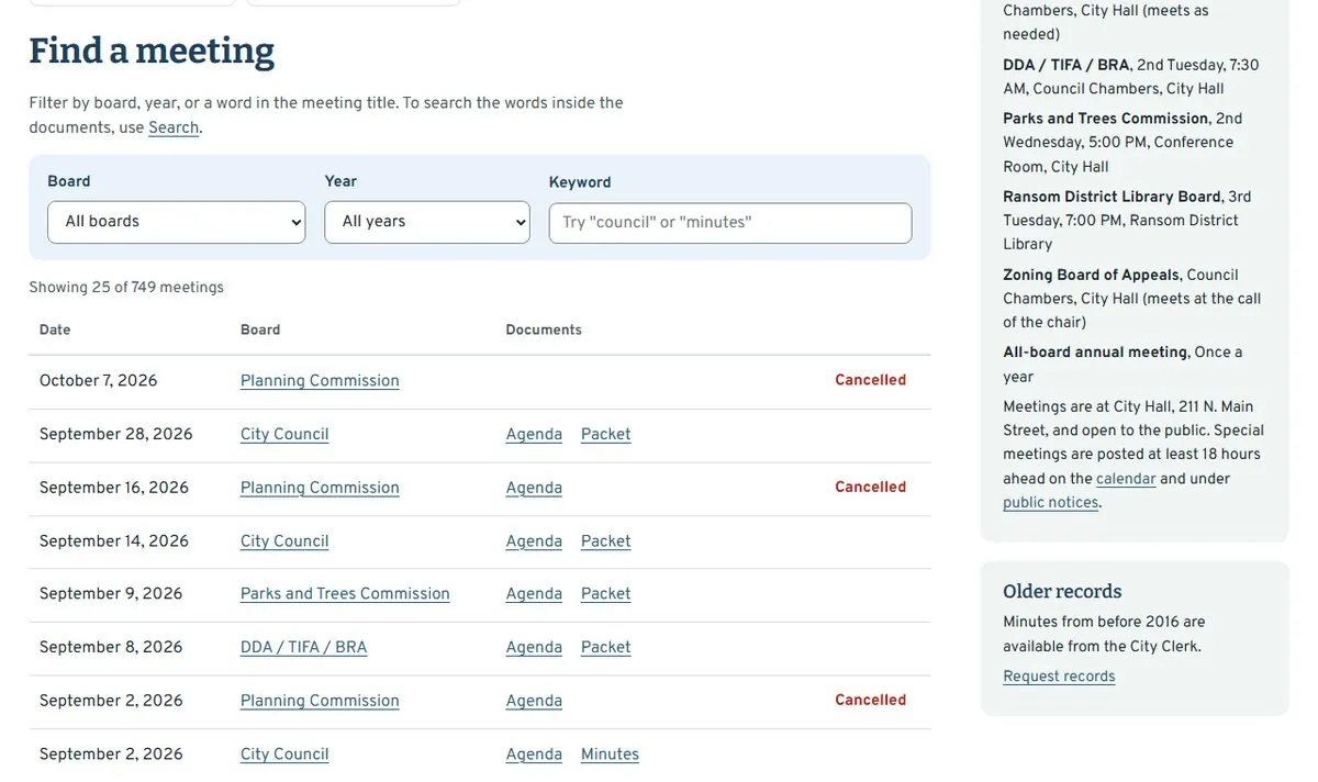 The Find a meeting page, with filters for board, year and keyword, and cancelled meetings marked in red