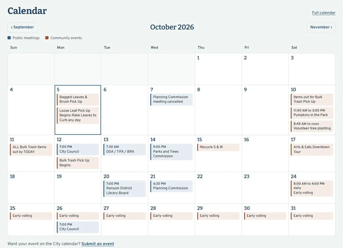 The October calendar, with public meetings in blue and community events in brown