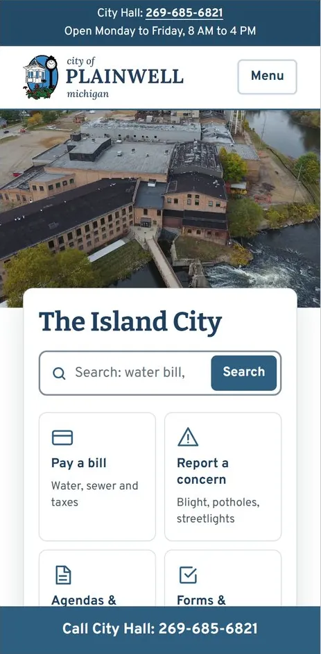The City of Plainwell homepage on a phone