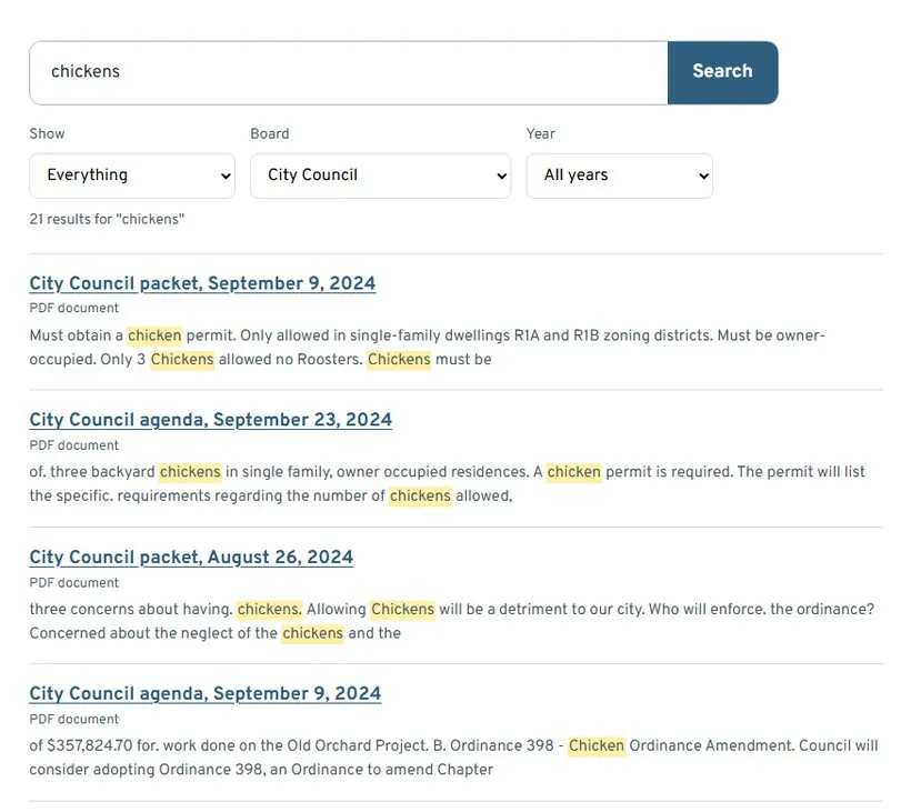 Search results for chickens, showing City Council agendas and packets with the word highlighted