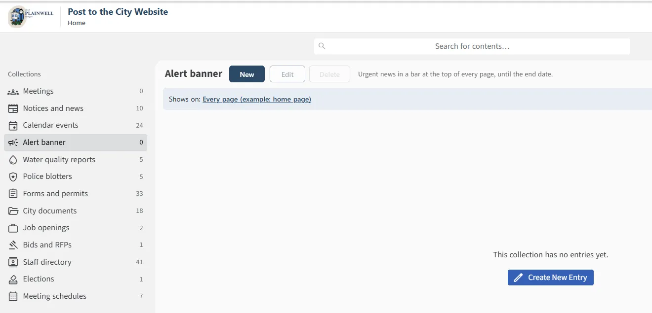 The staff posting tool, with a list of sections down the left and the alert banner section open